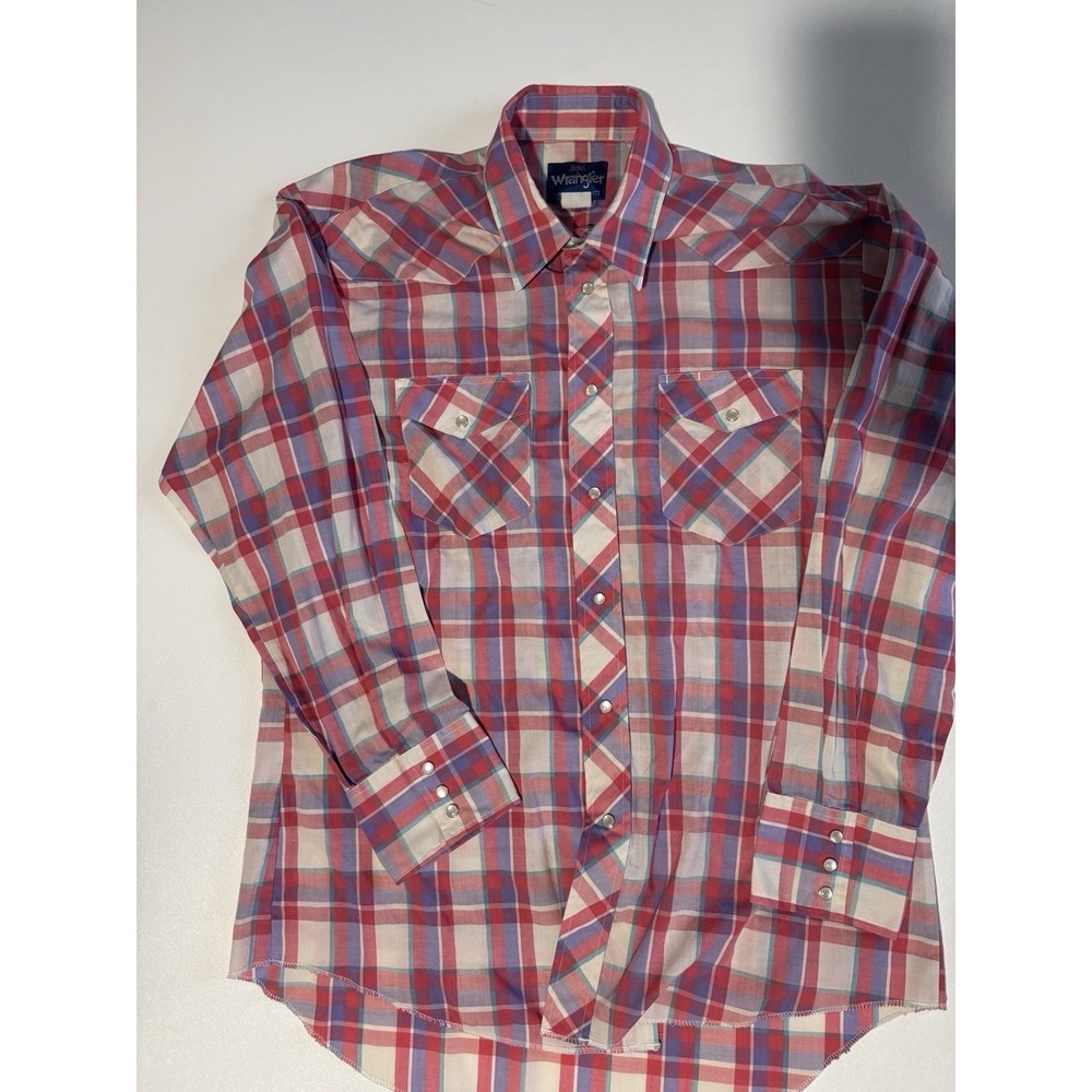 Wrangler Western Shirt Mens Large Pink Plaid American Cowboys Pearl Snap Vintage